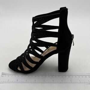 XYD Black Bridal Strappy Peep Toe Cutout Rhinestone Chunky Heel Zipper Sandals